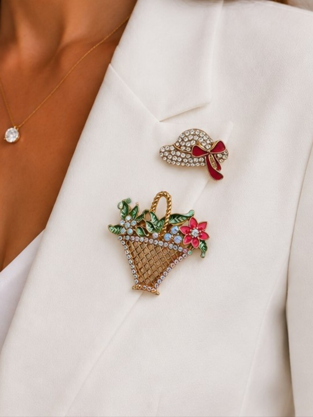 💎 Flower Basket Brooch Gold Tone Rhinestone Pink Green Enamel Garden Pin